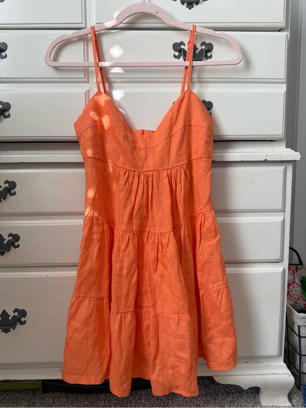 Olivaceous Orange Ramie Tiered Mini Dress Cutout Back Medium